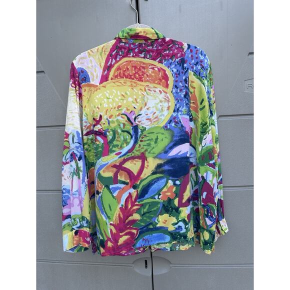 Michael Leu Women's Silk Button Up Shirt Artsy Palm Tree Hawaiian Watercolors 1X - Picture 7 of 10